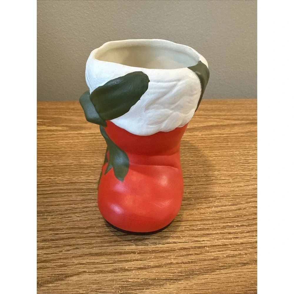 Vintage Hand Painted Ceramic Santa‎ Boot  Geen Bow With Holly And Bow Planter 5
